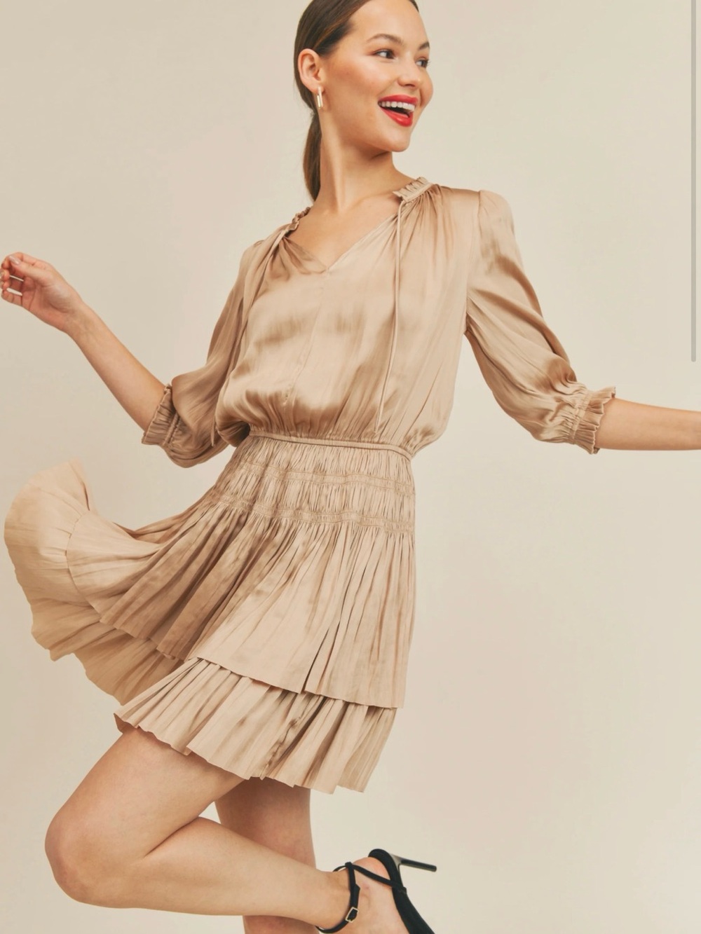RESET by Jane Pleated Tiered V-Neck Mini Dress in Beige